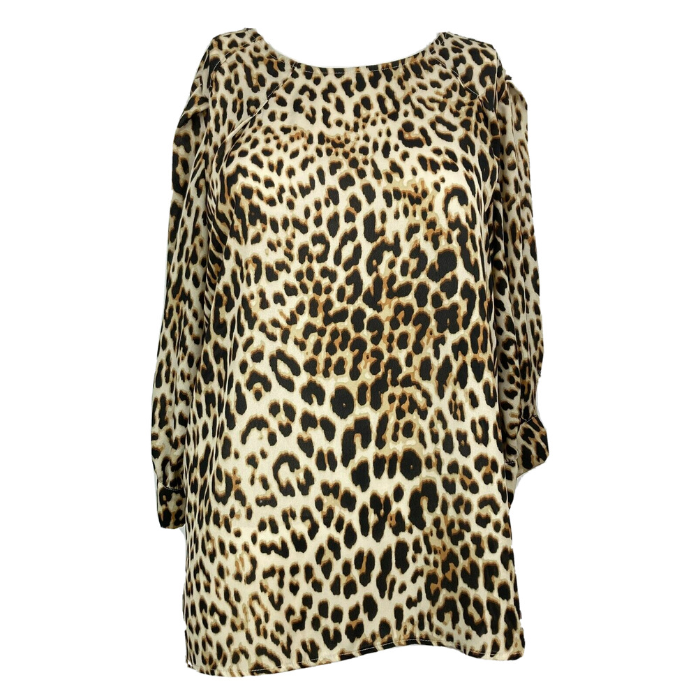 Worthington Shirt Womens Sz M Beige Black Leopard Print Popover Top Blouse
